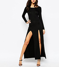 Figure Hugging Black Long Dress – Long Sleeves / Double Slit